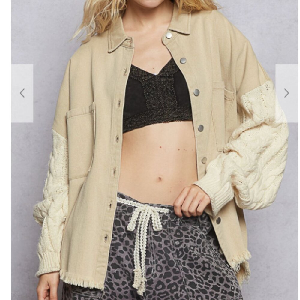 265.Button down shacket jacket sweater sleeves with distressed hemline